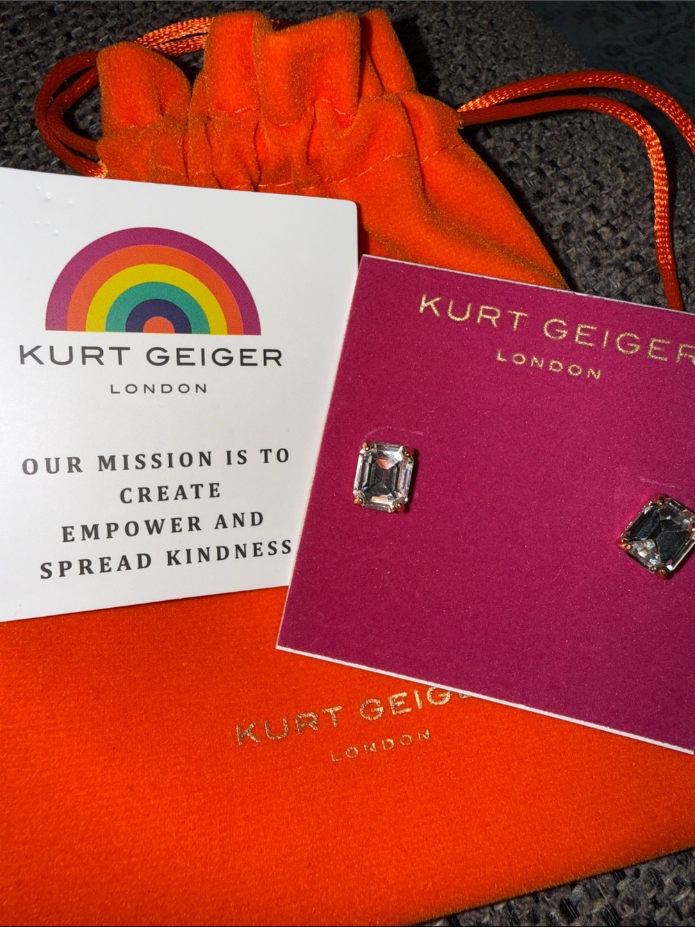 Kurt Geiger Clear Crystal Stud Earrings with Orange Pouch